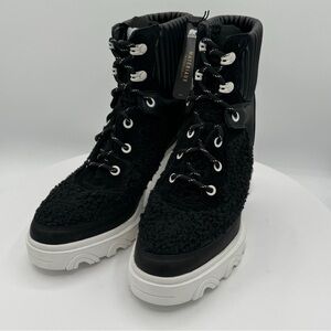 Sorel Brex Leather Faux Shearling Block Heel Lace Up Bootie Size 9 CLR Black New